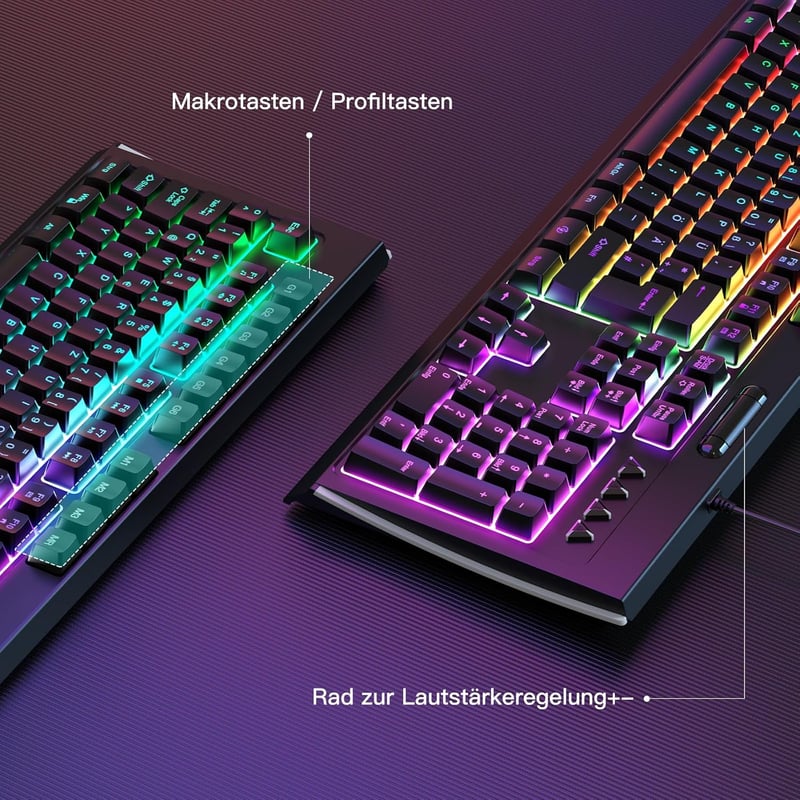 OMOTON Félmechanikus Gamer Billentyűzet, Programozható, Mágneses Csuklótámasz, QWERTZ Háttérvilágítás, 26 Gomb, Anti-Ghosting, Windows/PS4 K