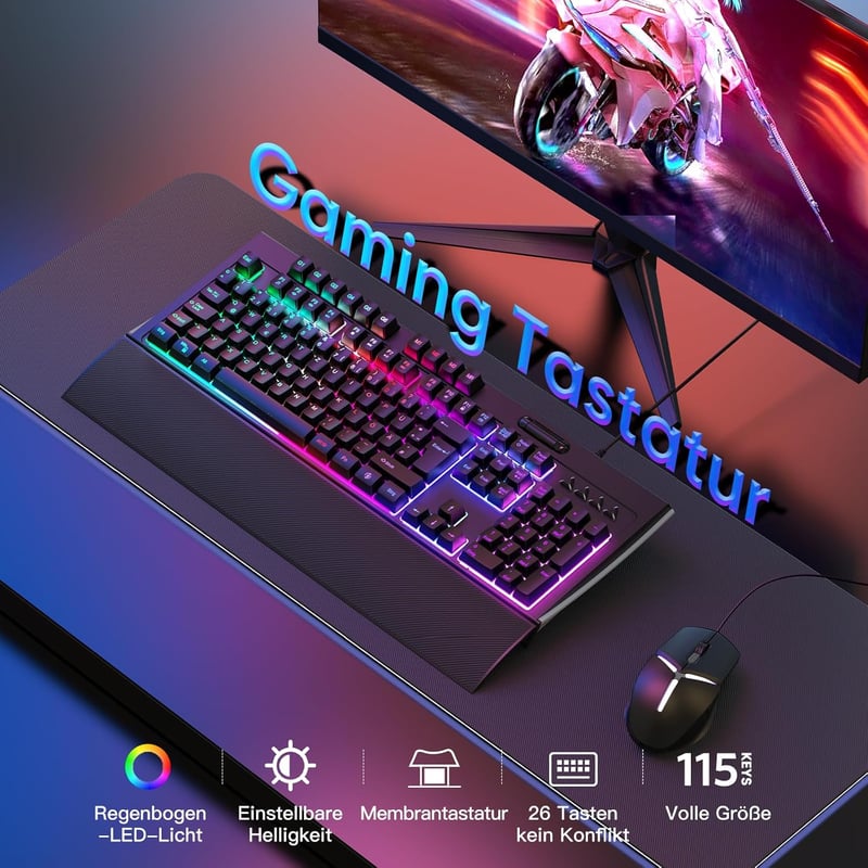 OMOTON Félmechanikus Gamer Billentyűzet, Programozható, Mágneses Csuklótámasz, QWERTZ Háttérvilágítás, 26 Gomb, Anti-Ghosting, Windows/PS4 K