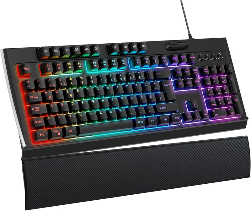 OMOTON Félmechanikus Gamer Billentyűzet, Programozható, Mágneses Csuklótámasz, QWERTZ Háttérvilágítás, 26 Gomb, Anti-Ghosting, Windows/PS4 K