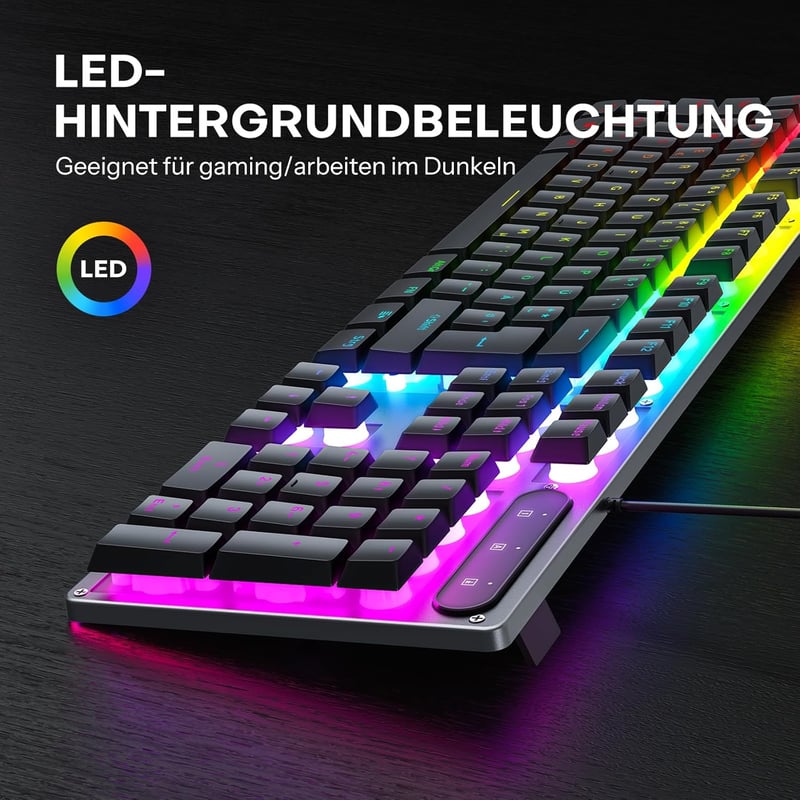 OMOTON Gaming Billentyűzet USB Rainbow LED Világítás, PC Laptop Gamer Billentyűzet, 26 Gombos Ütközésmentes QWERTZ