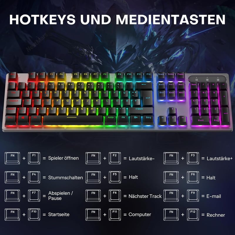 OMOTON Gaming Billentyűzet USB Rainbow LED Világítás, PC Laptop Gamer Billentyűzet, 26 Gombos Ütközésmentes QWERTZ