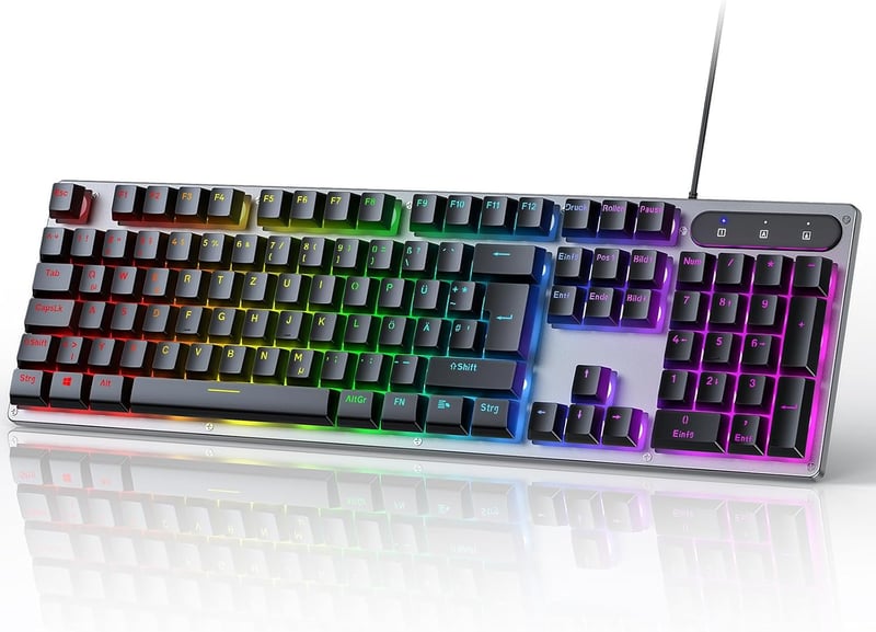 OMOTON Gaming Billentyűzet USB Rainbow LED Világítás, PC Laptop Gamer Billentyűzet, 26 Gombos Ütközésmentes QWERTZ