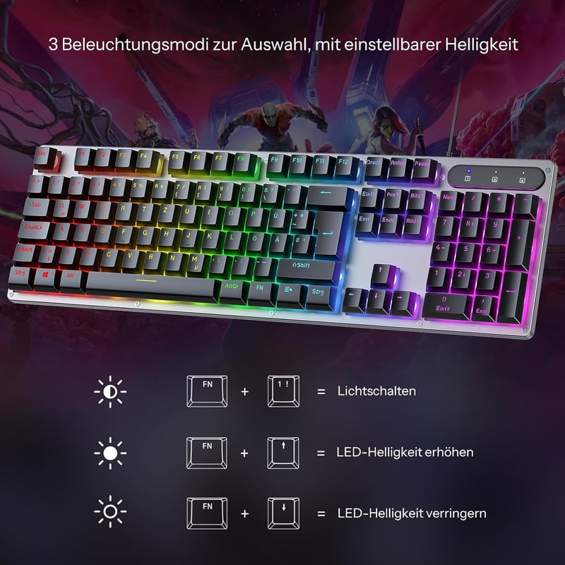 OMOTON Gaming Billentyűzet USB Rainbow LED Világítás, PC Laptop Gamer Billentyűzet, 26 Gombos Ütközésmentes QWERTZ