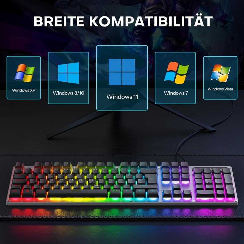 OMOTON Gaming Billentyűzet USB Rainbow LED Világítás, PC Laptop Gamer Billentyűzet, 26 Gombos Ütközésmentes QWERTZ