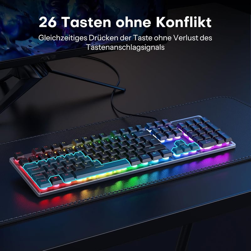 OMOTON Gaming Billentyűzet USB Rainbow LED Világítás, PC Laptop Gamer Billentyűzet, 26 Gombos Ütközésmentes QWERTZ