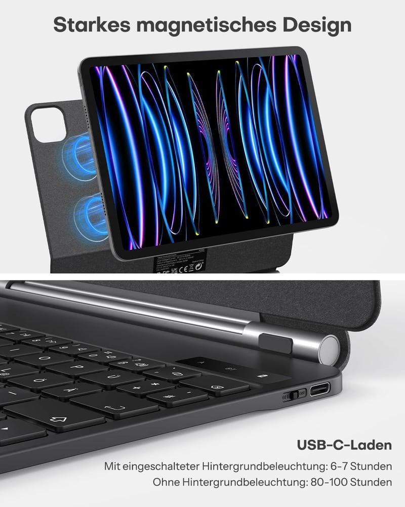 OMOTON iPad Air 11 Billentyűzet Tok Trackpad-dal, QWERTZ Bluetooth Billentyűzet, Fekete