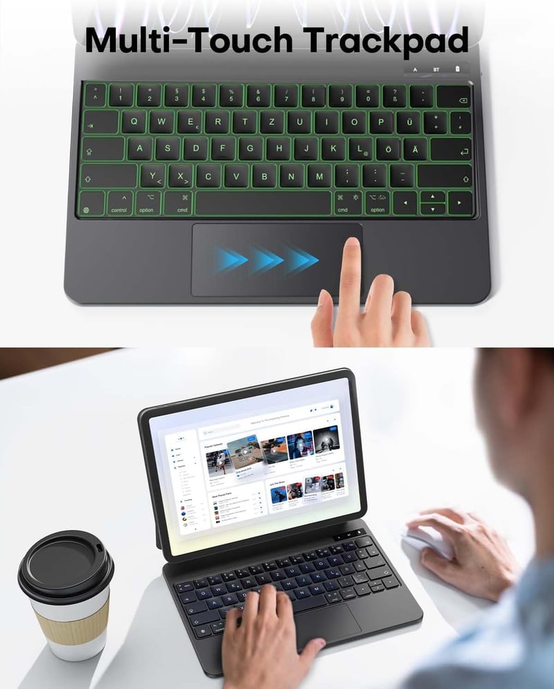 OMOTON iPad Air 11 Billentyűzet Tok Trackpad-dal, QWERTZ Bluetooth Billentyűzet, Fekete
