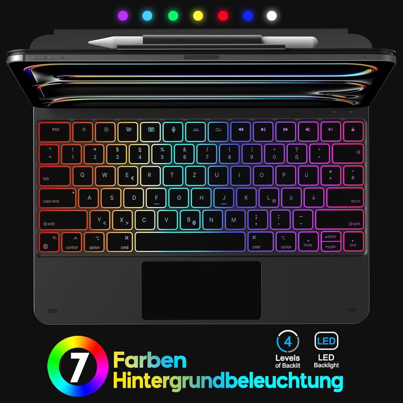 OMOTON iPad Pro 13 M4 Bluetooth Billentyűzet Tok Trackpad-dal, QWERTZ DE Layout, Fekete