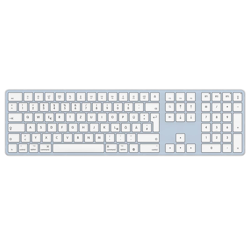 Bluetooth klávesnica OMOTON pre Mac, 3-kanálová, nabíjateľná, rozloženie QWERTZ DE, modrá