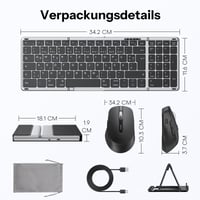 Skladacia Bluetooth klávesnica a myš OMOTON s numerickou časťou, QWERTZ, nabíjateľná, 3-kanálová, iOS/Android/Windows/Mac, vesmírne sivá 9