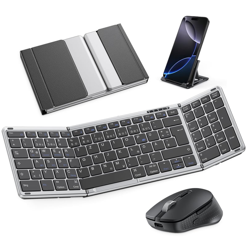 Skladacia Bluetooth klávesnica a myš OMOTON s numerickou časťou, QWERTZ, nabíjateľná, 3-kanálová, iOS/Android/Windows/Mac, vesmírne sivá