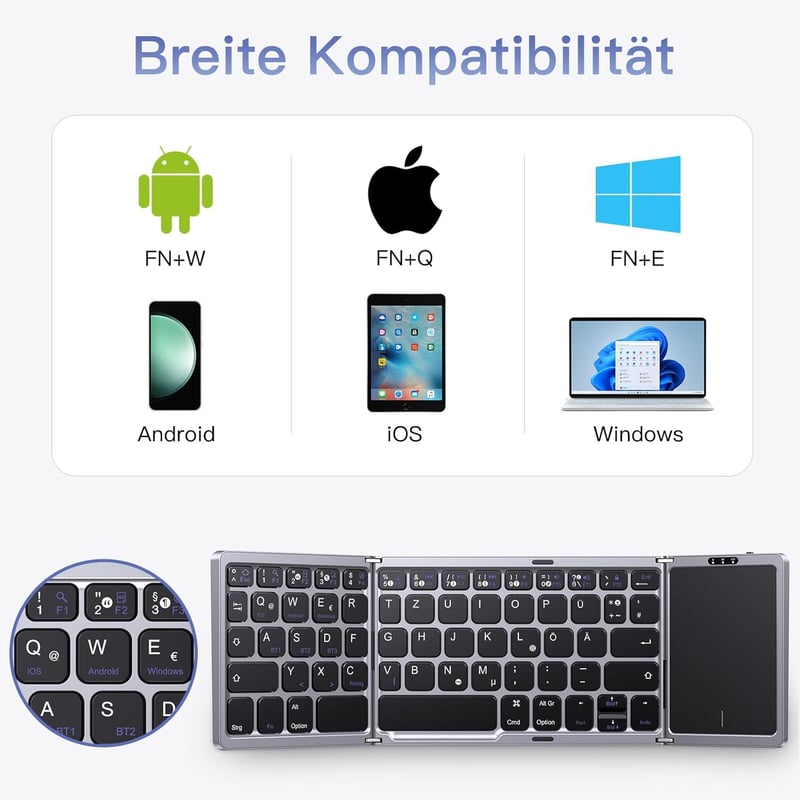 OMOTON Összecsukható Bluetooth Billentyűzet Touchpaddal, Vezeték Nélküli QWERTZ Billentyűzet Tablethez és Laptophoz