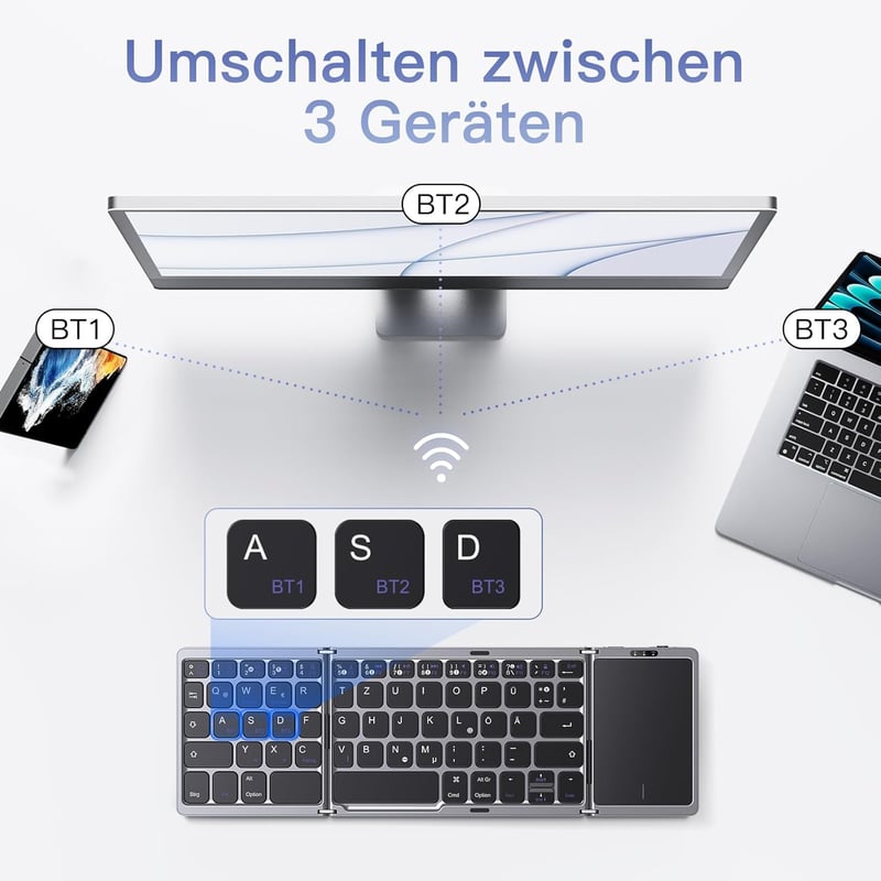 OMOTON Összecsukható Bluetooth Billentyűzet Touchpaddal, Vezeték Nélküli QWERTZ Billentyűzet Tablethez és Laptophoz