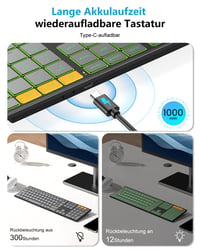 OMOTON Bezdrôtová Bluetooth + 2,4 G klávesnica, kovové telo, podsvietenie, nabíjateľná, pre viac zariadení, tichá, ergonomická, Windows/macOS/PC, grafitová 3