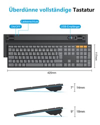OMOTON Bezdrôtová Bluetooth + 2,4 G klávesnica, kovové telo, podsvietenie, nabíjateľná, pre viac zariadení, tichá, ergonomická, Windows/macOS/PC, grafitová 7