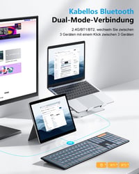 OMOTON Bezdrôtová Bluetooth + 2,4 G klávesnica, kovové telo, podsvietenie, nabíjateľná, pre viac zariadení, tichá, ergonomická, Windows/macOS/PC, grafitová 2