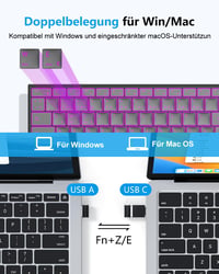 OMOTON Bezdrôtová Bluetooth + 2,4 G klávesnica, kovové telo, podsvietenie, nabíjateľná, pre viac zariadení, tichá, ergonomická, Windows/macOS/PC, grafitová 8