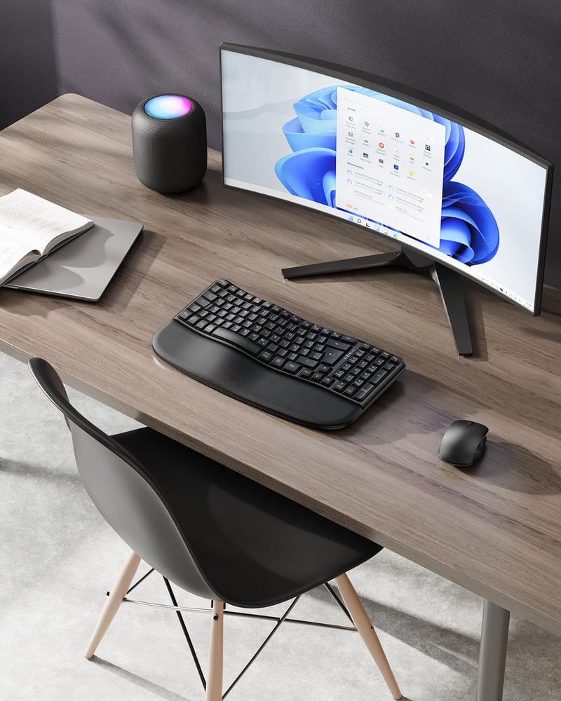 OMOTON Vezeték Nélküli Ergonomikus Billentyűzet - Wave Keys, 2.4G USB, Csuklótámasztóval, Német QWERTZ Kiosztás, Fekete
