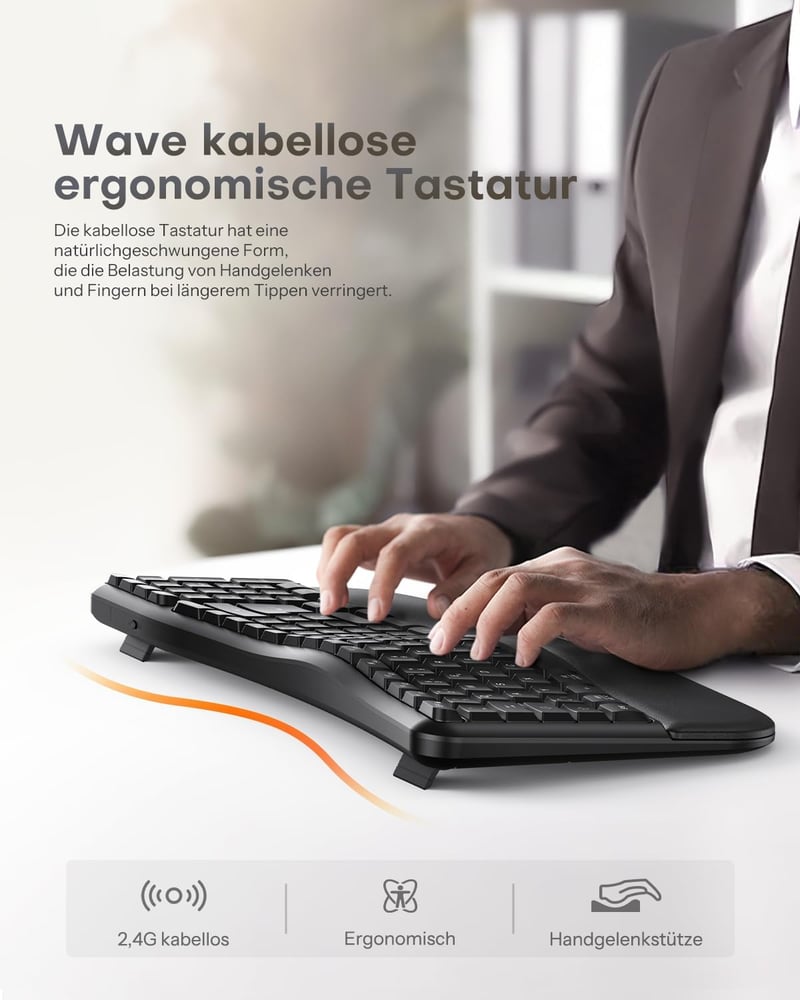 OMOTON Vezeték Nélküli Ergonomikus Billentyűzet - Wave Keys, 2.4G USB, Csuklótámasztóval, Német QWERTZ Kiosztás, Fekete