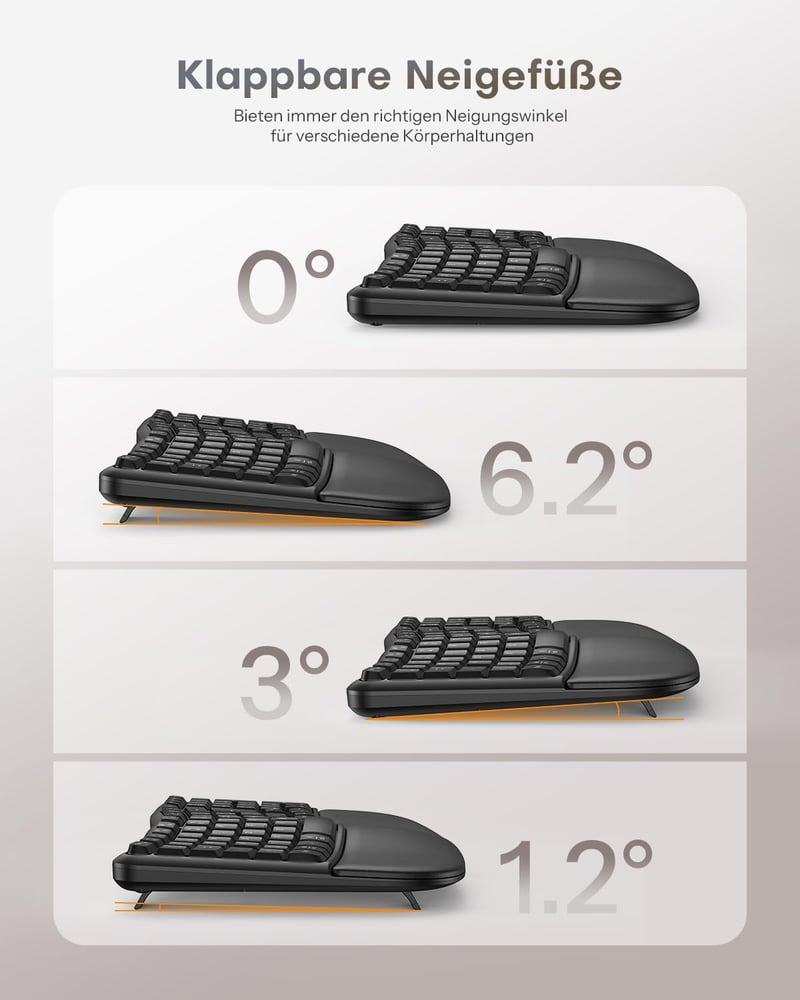 OMOTON Vezeték Nélküli Ergonomikus Billentyűzet - Wave Keys, 2.4G USB, Csuklótámasztóval, Német QWERTZ Kiosztás, Fekete