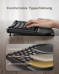 OMOTON Vezeték Nélküli Ergonomikus Billentyűzet - Wave Keys, 2.4G USB, Csuklótámasztóval, Német QWERTZ Kiosztás, Fekete 4