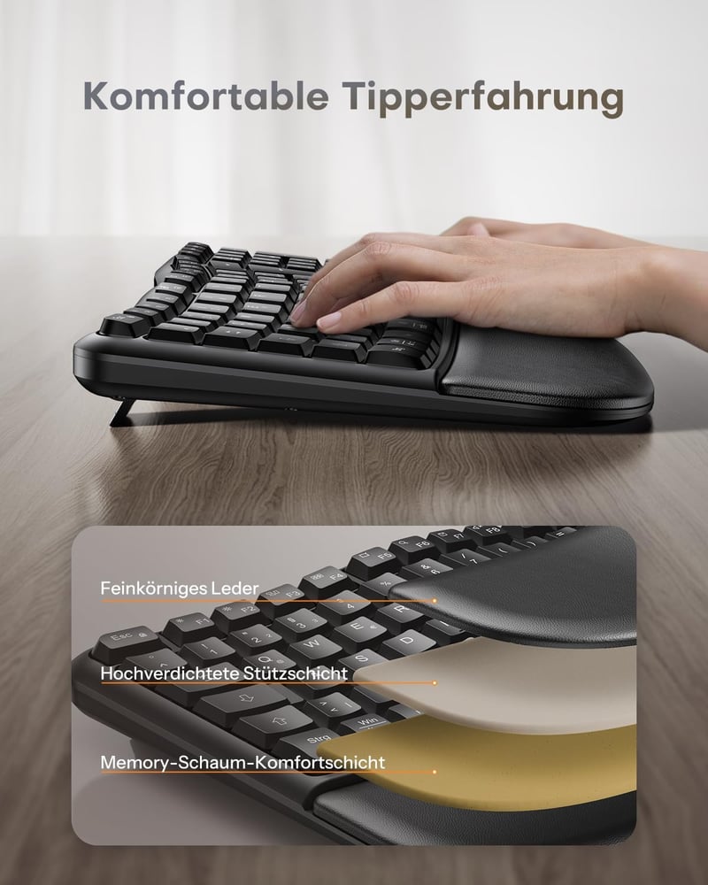 OMOTON Vezeték Nélküli Ergonomikus Billentyűzet - Wave Keys, 2.4G USB, Csuklótámasztóval, Német QWERTZ Kiosztás, Fekete