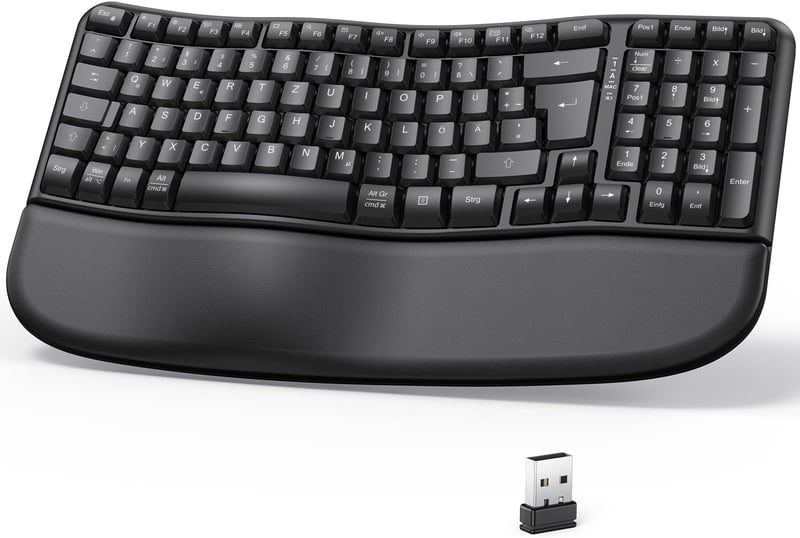 OMOTON Vezeték Nélküli Ergonomikus Billentyűzet - Wave Keys, 2.4G USB, Csuklótámasztóval, Német QWERTZ Kiosztás, Fekete