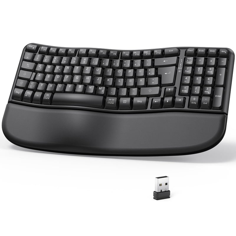 OMOTON Bezdrôtová Ergonomická Klávesnica - Wave Keys, 2.4G USB, S Opierkou Zápästia, Nemecké QWERTZ Rozloženie, Čierna