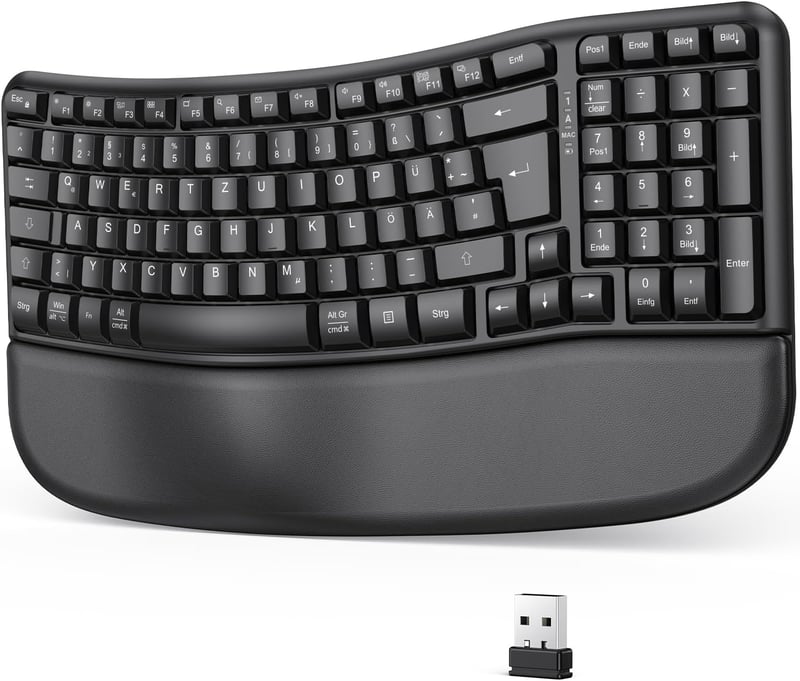 OMOTON Vezeték Nélküli Ergonomikus Billentyűzet - Wave Keys, 2.4G USB, Csuklótámasztóval, Német QWERTZ Kiosztás, Fekete
