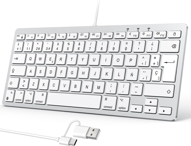OMOTON Vezetékes Mac Billentyűzet ES Layout, USB-C/USB, Csendes Billentyűk, iMac és Mac Mini Kompatibilis