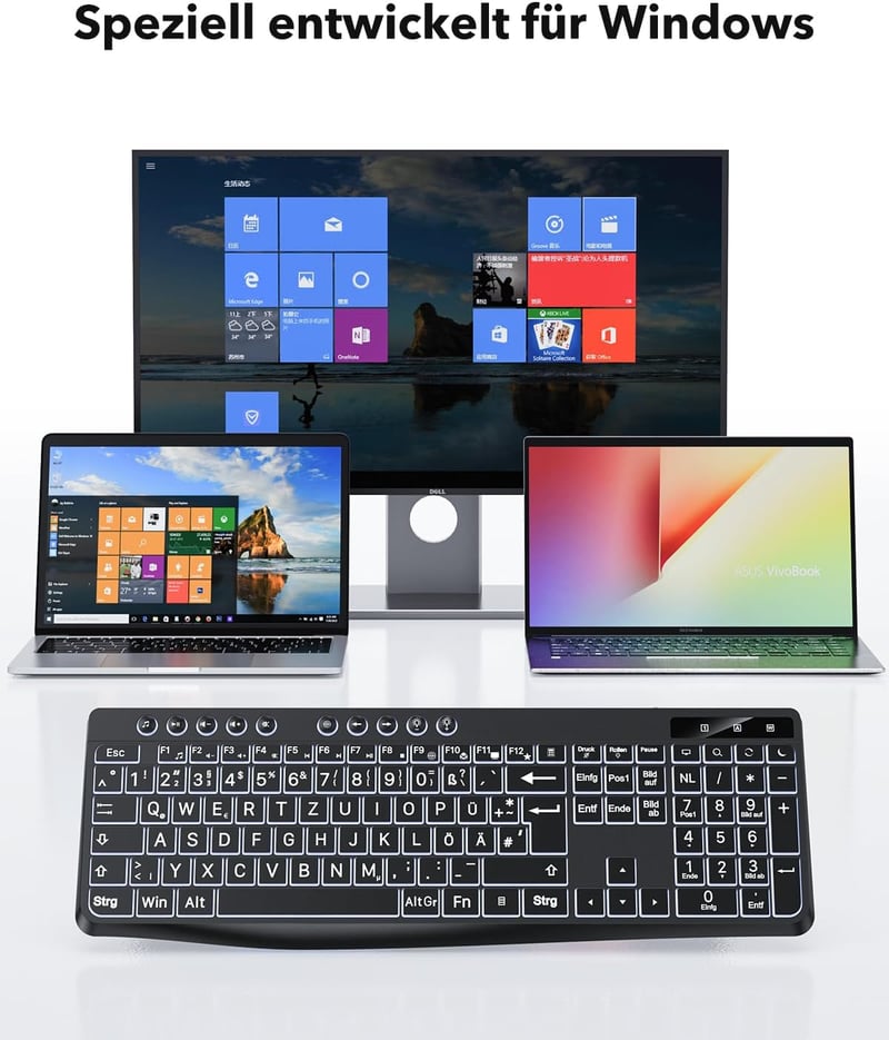 OMOTON Világító Billentyűzet QWERTZ USB-A/C Fekete Nagyobb Gombokkal Időseknek