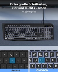 OMOTON Világító Billentyűzet QWERTZ USB-A/C Fekete Nagyobb Gombokkal Időseknek 2