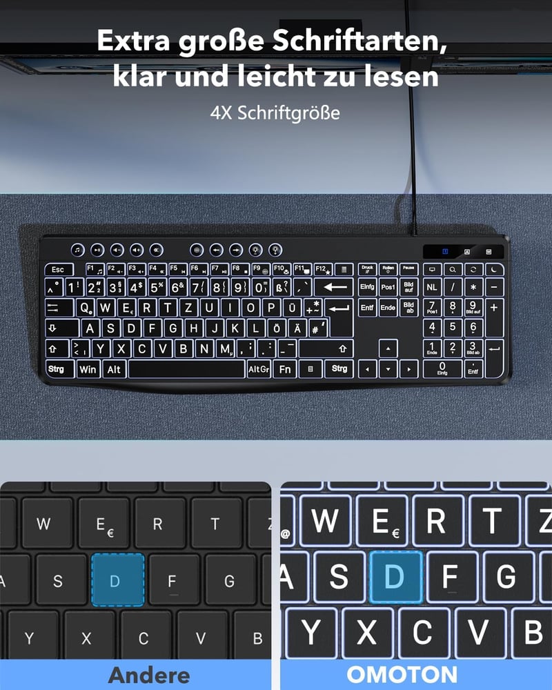 OMOTON Világító Billentyűzet QWERTZ USB-A/C Fekete Nagyobb Gombokkal Időseknek