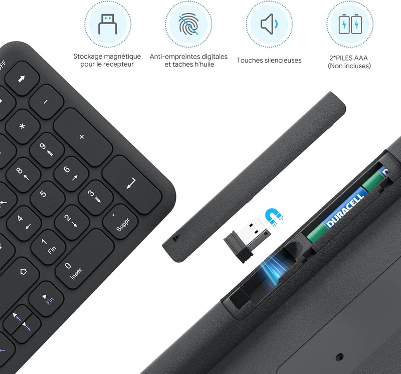 OMOTON Wireless 2.4GHz AZERTY Billentyűzet Numerikus Billentyűzettel PC Windows Számítógéphez Csendes Fekete