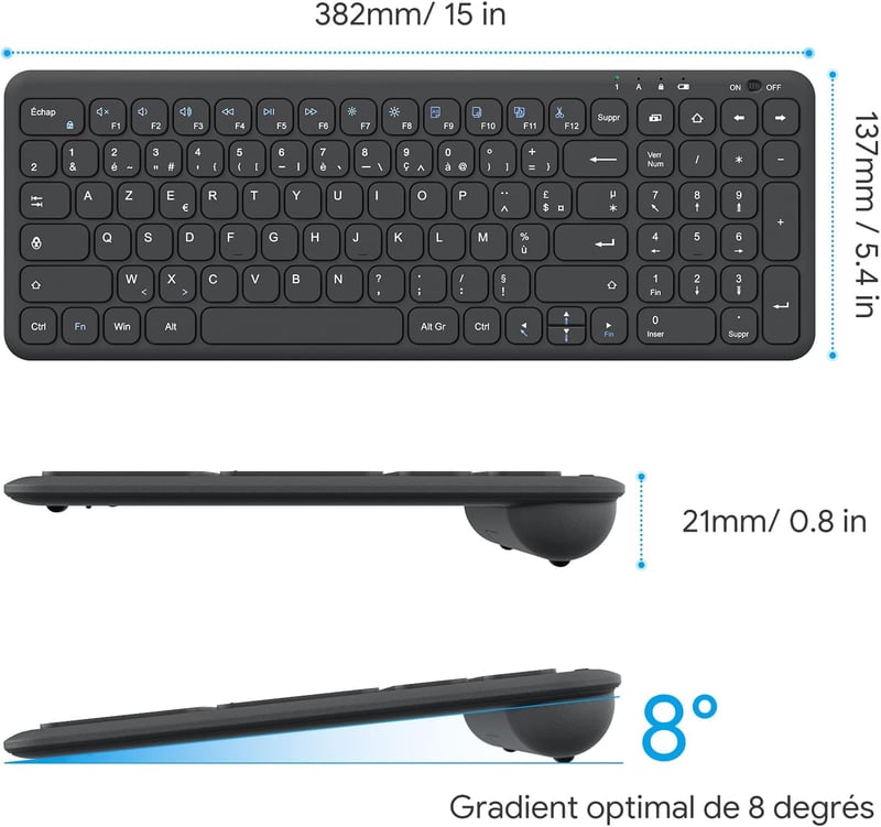 OMOTON Wireless 2.4GHz AZERTY Billentyűzet Numerikus Billentyűzettel PC Windows Számítógéphez Csendes Fekete
