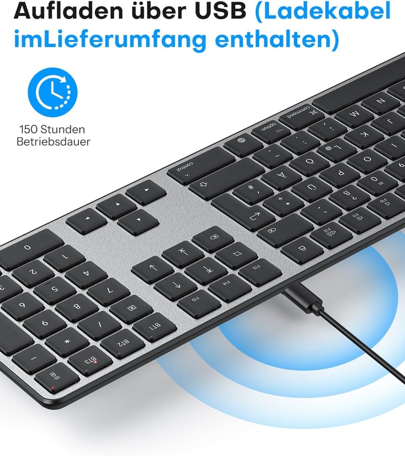 OMOTON Wireless Bluetooth Billentyűzet és Egér szett Mac-hez, QWERTZ német kiosztás, újratölthető, ergonomikus - Room grey