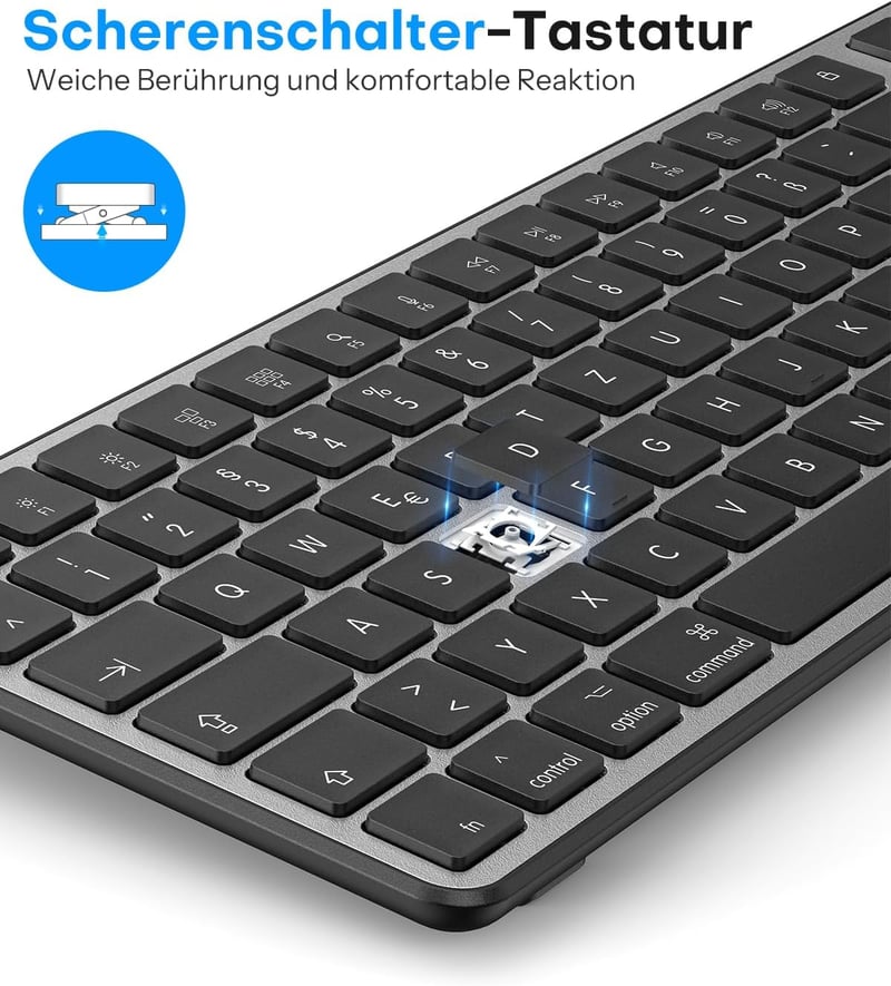 OMOTON Wireless Bluetooth Billentyűzet és Egér szett Mac-hez, QWERTZ német kiosztás, újratölthető, ergonomikus - Room grey