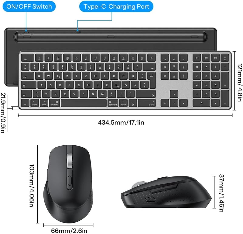 OMOTON Wireless Bluetooth Billentyűzet és Egér szett Mac-hez, QWERTZ német kiosztás, újratölthető, ergonomikus - Room grey