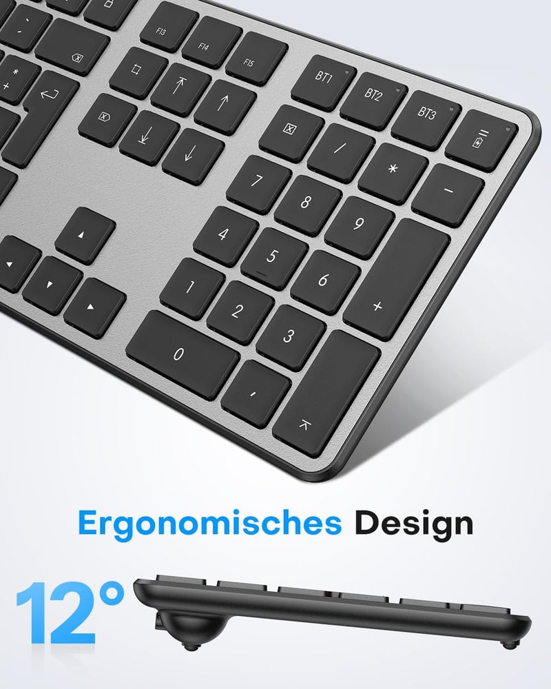 OMOTON Wireless Bluetooth Billentyűzet és Egér szett Mac-hez, QWERTZ német kiosztás, újratölthető, ergonomikus - Room grey