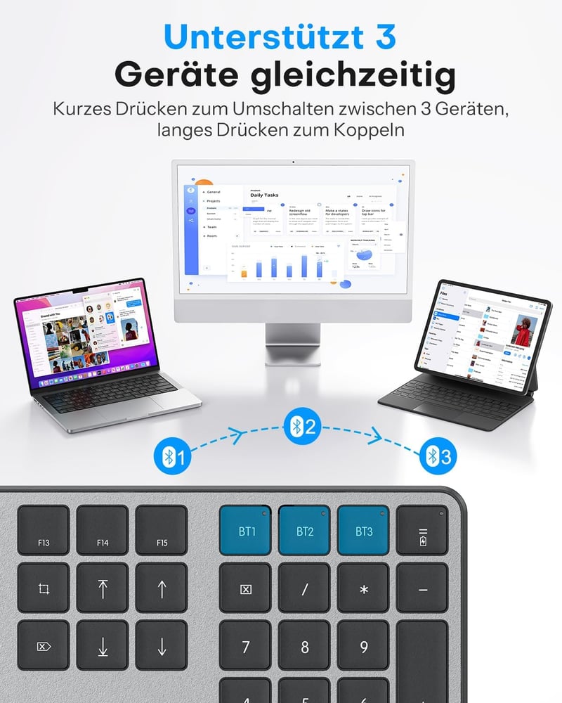 OMOTON Wireless Bluetooth Billentyűzet és Egér szett Mac-hez, QWERTZ német kiosztás, újratölthető, ergonomikus - Room grey