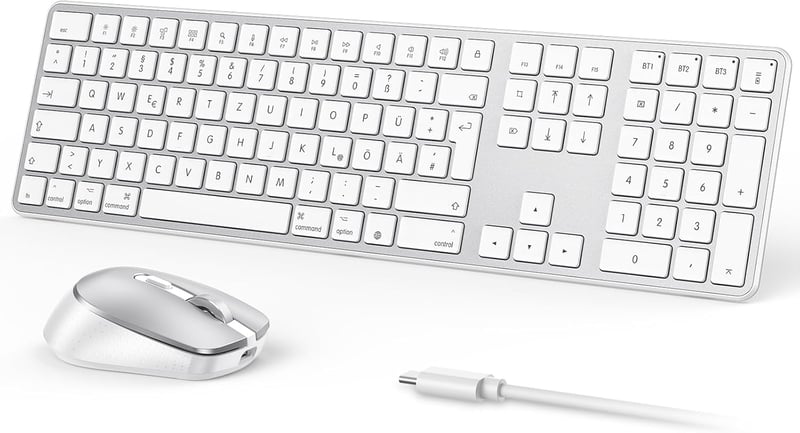 OMOTON Wireless Bluetooth Billentyűzet és Egér szett Mac-hez, QWERTZ német layout, újratölthető