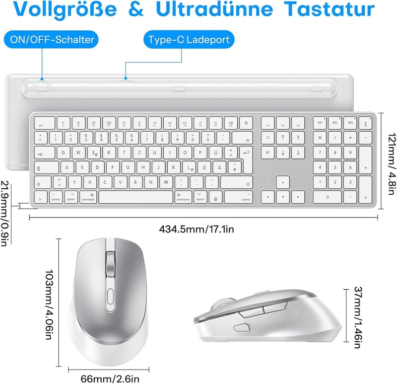 OMOTON Wireless Bluetooth Billentyűzet és Egér szett Mac-hez, QWERTZ német layout, újratölthető