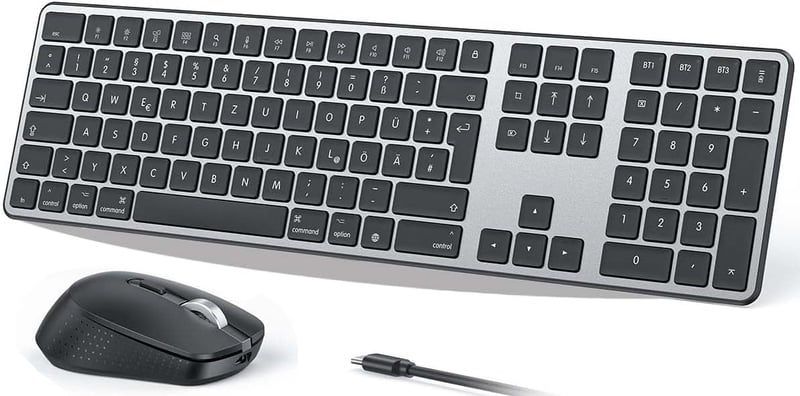 OMOTON Wireless Bluetooth Billentyűzet és Egér szett Mac-hez, QWERTZ német kiosztás, újratölthető, ergonomikus - Room grey