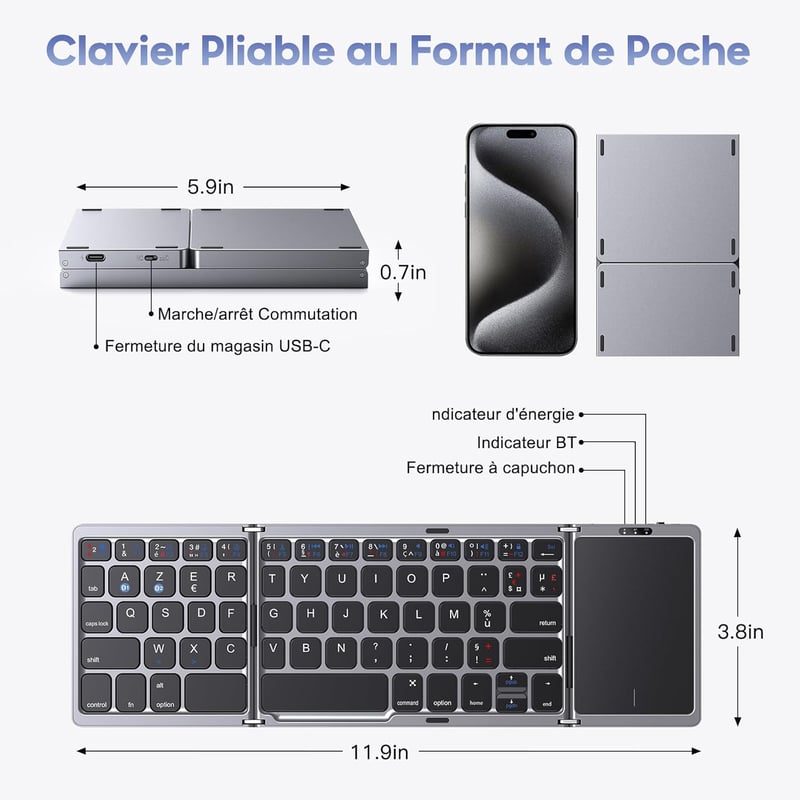 OMOTON Wireless Bluetooth Billentyűzet Touchpad-dal, Összecsukható Hordozható Tablet Laptop iPad Billentyűzet Fekete