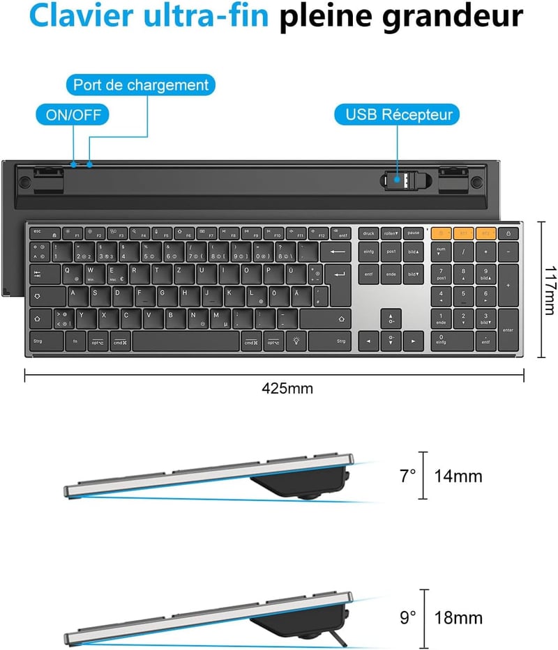 OMOTON Wireless Bluetooth Billentyűzet Újratölthető Ergonomikus Háttérvilágítás