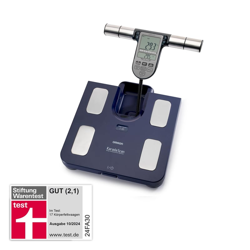 Cântar corporal Omron BF511 pentru măsurarea grăsimii și masei musculare – Măsurare cu 8 senzori (mâini și picioare), capacitate 150 kg, pentru adulți și copii, Albastru