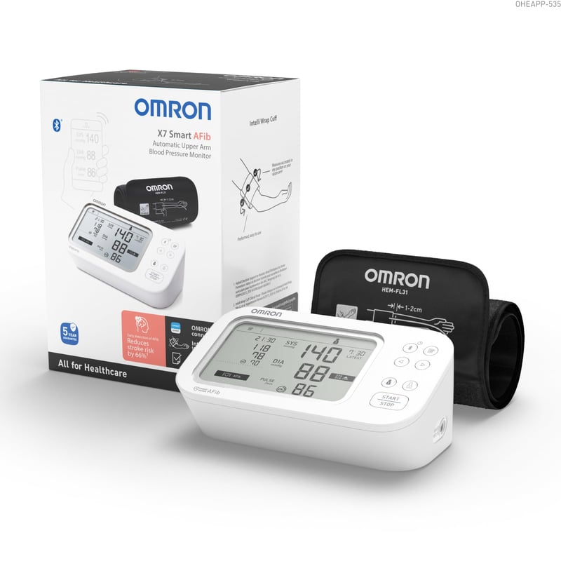Omron X7 Smart AFib nadlaktni tlakomjer s aplikacijom, 2 korisnika, Intelli Wrap manžeta 22-42 cm, detekcija atrijske fibrilacije, klinički dokazan