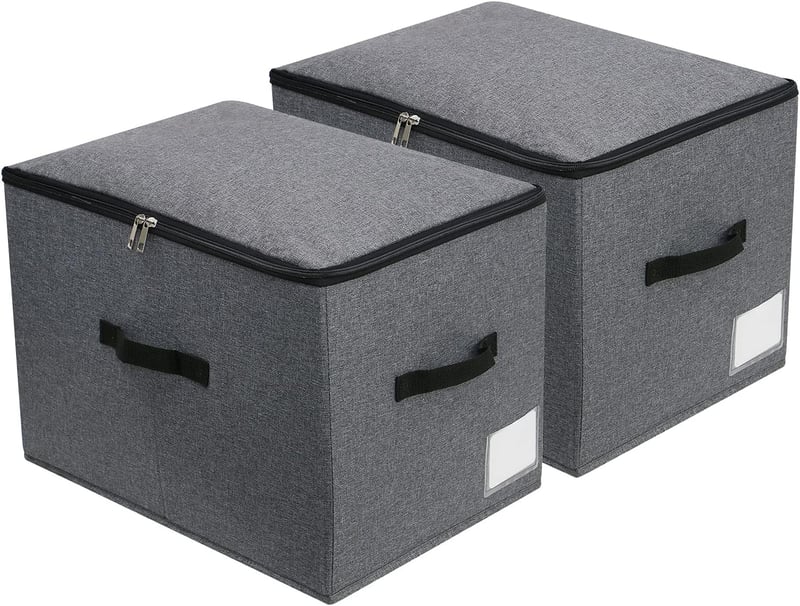 Omygarden Összecsukható Szövet Tárolódoboz Cipzáras Fedéllel és Fogantyúval, Ruhák és Ágyneműk Rendszerezéséhez, 44×33×31 cm, Sötétszürke, 2 db
