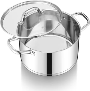 Oală pentru paste și supe Onader de 24 cm din oțel inoxidabil, cu fund triplu stratificat și capac de sticlă, 5,6 l, compatibilă cu inducție și mașina de spălat vase