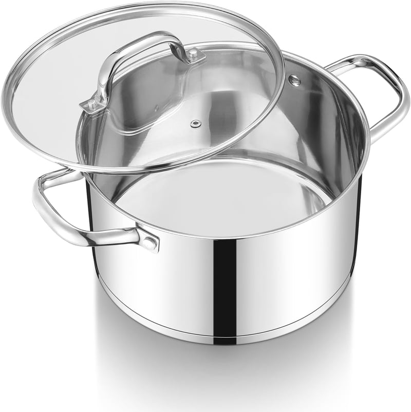 Oală pentru paste și supe Onader de 24 cm din oțel inoxidabil, cu fund triplu stratificat și capac de sticlă, 5,6 l, compatibilă cu inducție și mașina de spălat vase